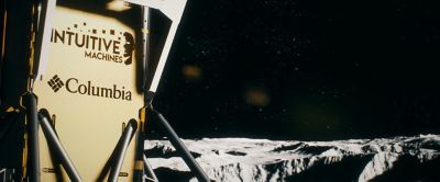 An portion of the Nova-C lunar lander in pictured with Columbia Sportswear and Intuitive Machines logos.  